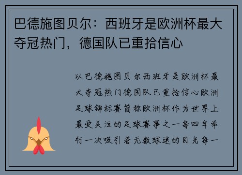 巴德施图贝尔：西班牙是欧洲杯最大夺冠热门，德国队已重拾信心