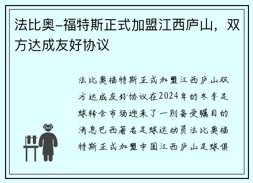 法比奥-福特斯正式加盟江西庐山，双方达成友好协议