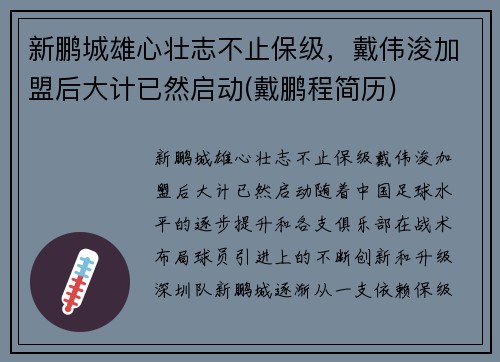 新鹏城雄心壮志不止保级，戴伟浚加盟后大计已然启动(戴鹏程简历)